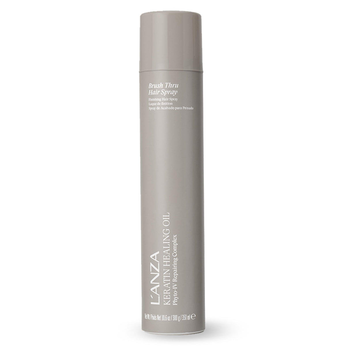 L’ANZA Keratin Healing Oil Brush Thru Hairspray bottle front shows shine and light hold.