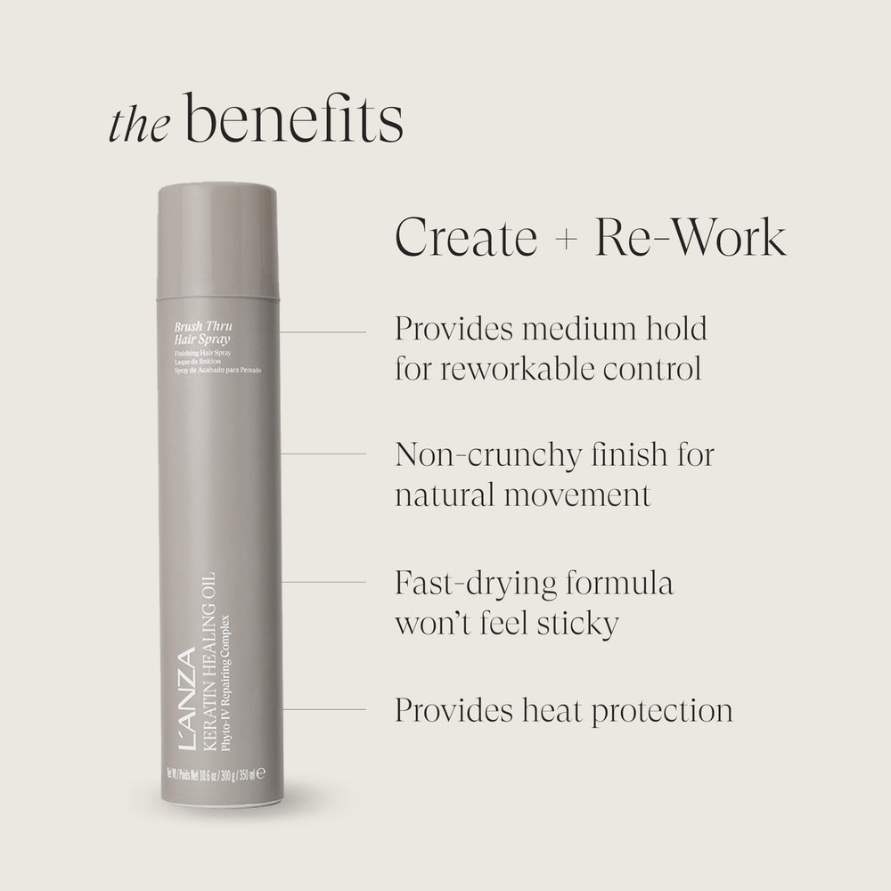 L’ANZA Keratin Healing Oil Brush Thru Hairspray dispensing pump enables precise, brushable control during styling.