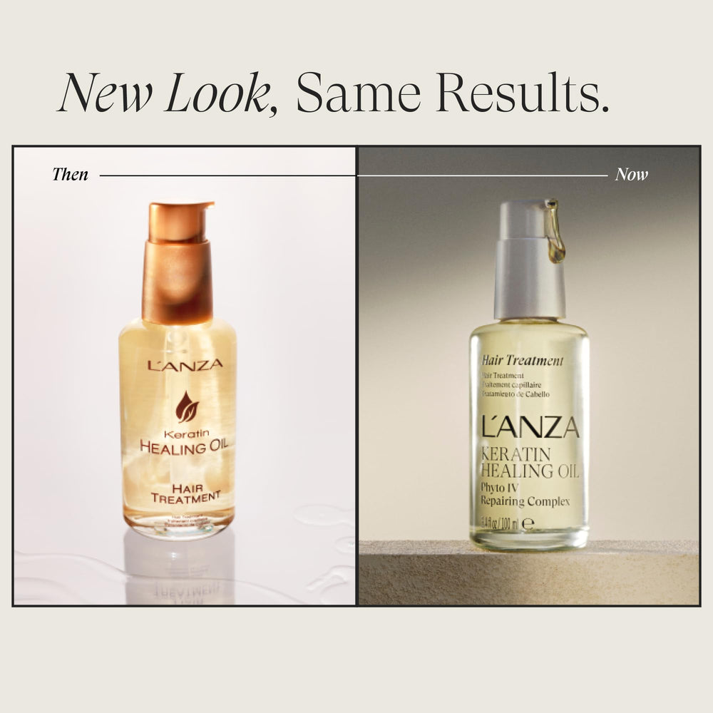 L’ANZA Keratin Healing Oil drop highlights nourishing formula for damaged hair.