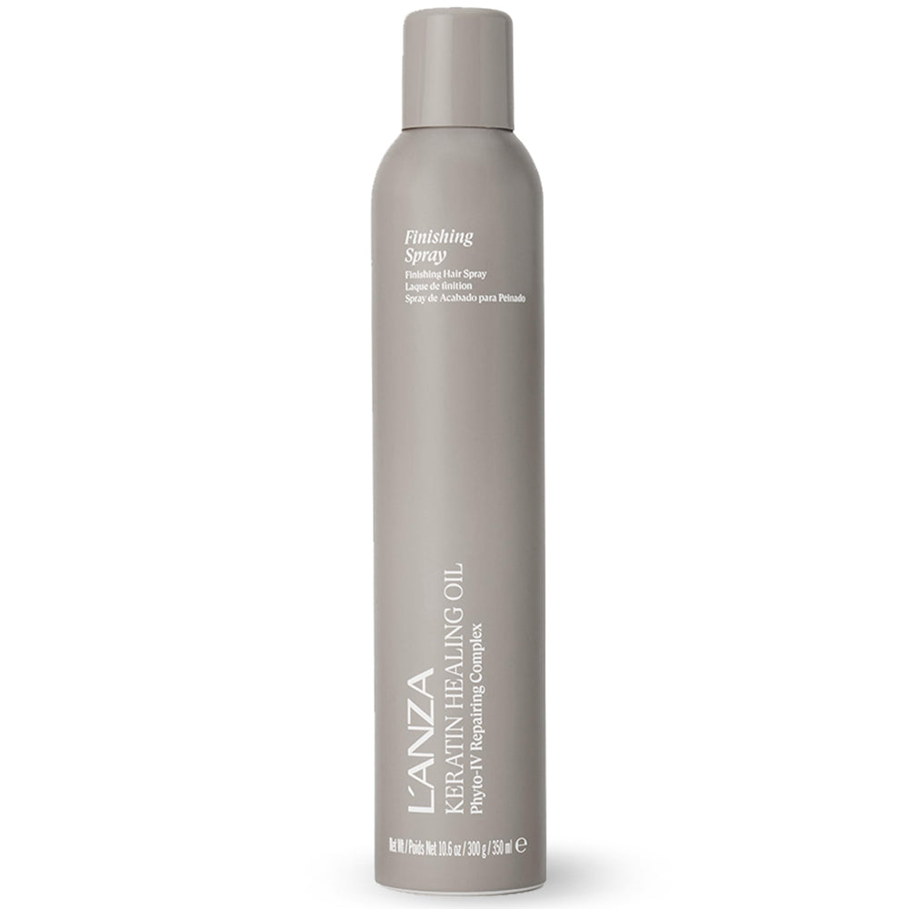 L’ANZA Keratin Healing Oil Finishing Spray bottle showing radiant shine and flexible hold