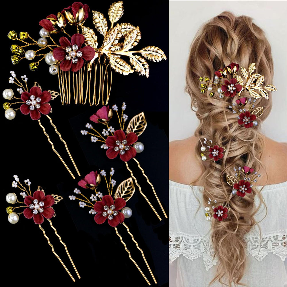 LAPOHI alfileres cabello con flor y cristales, brillo sutil para novia
