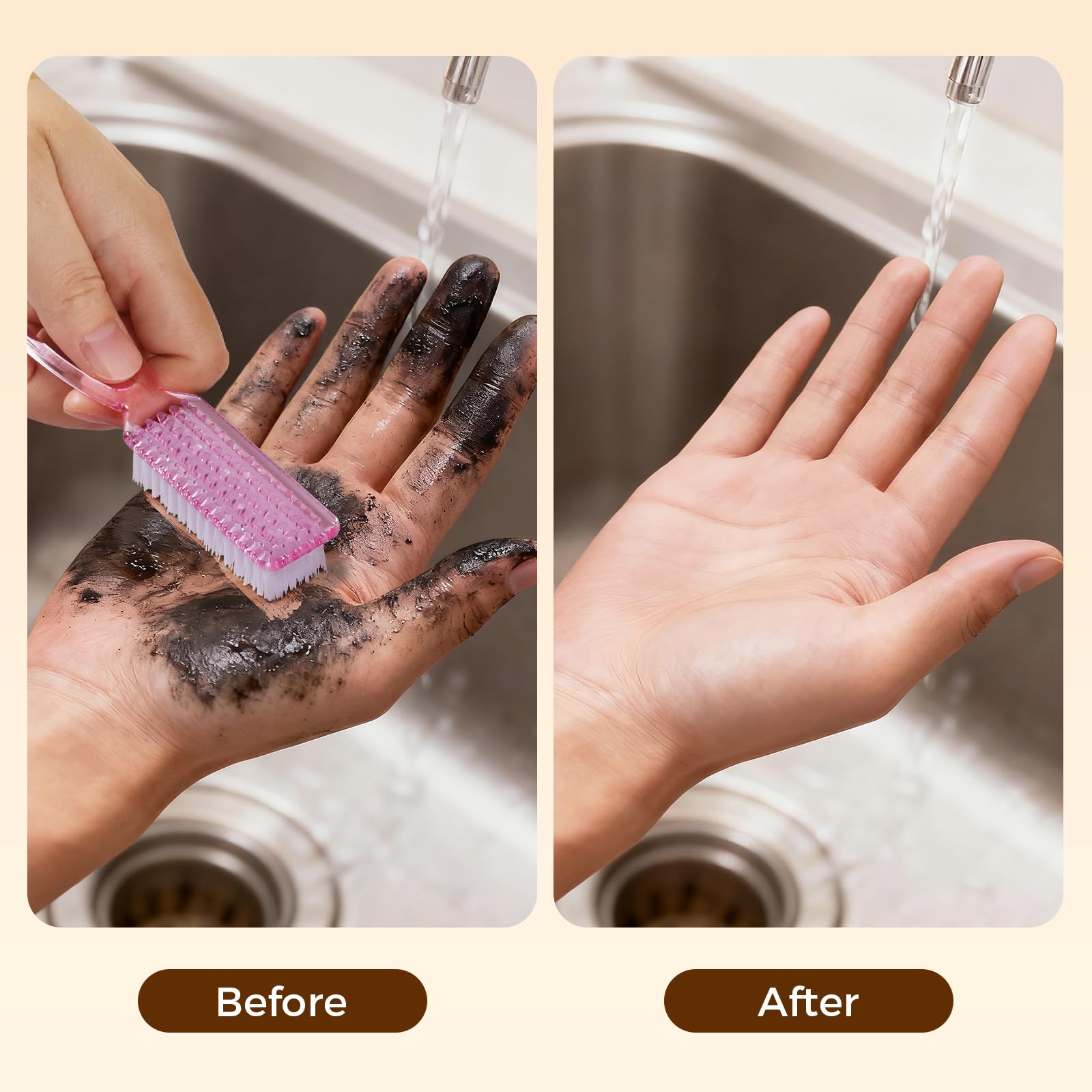 Larbois nail brush long handle design enhances grip and reach.