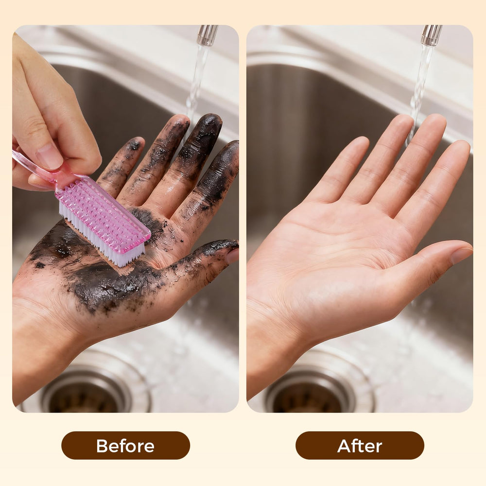 Larbois nail brush long handle design enhances grip and reach.