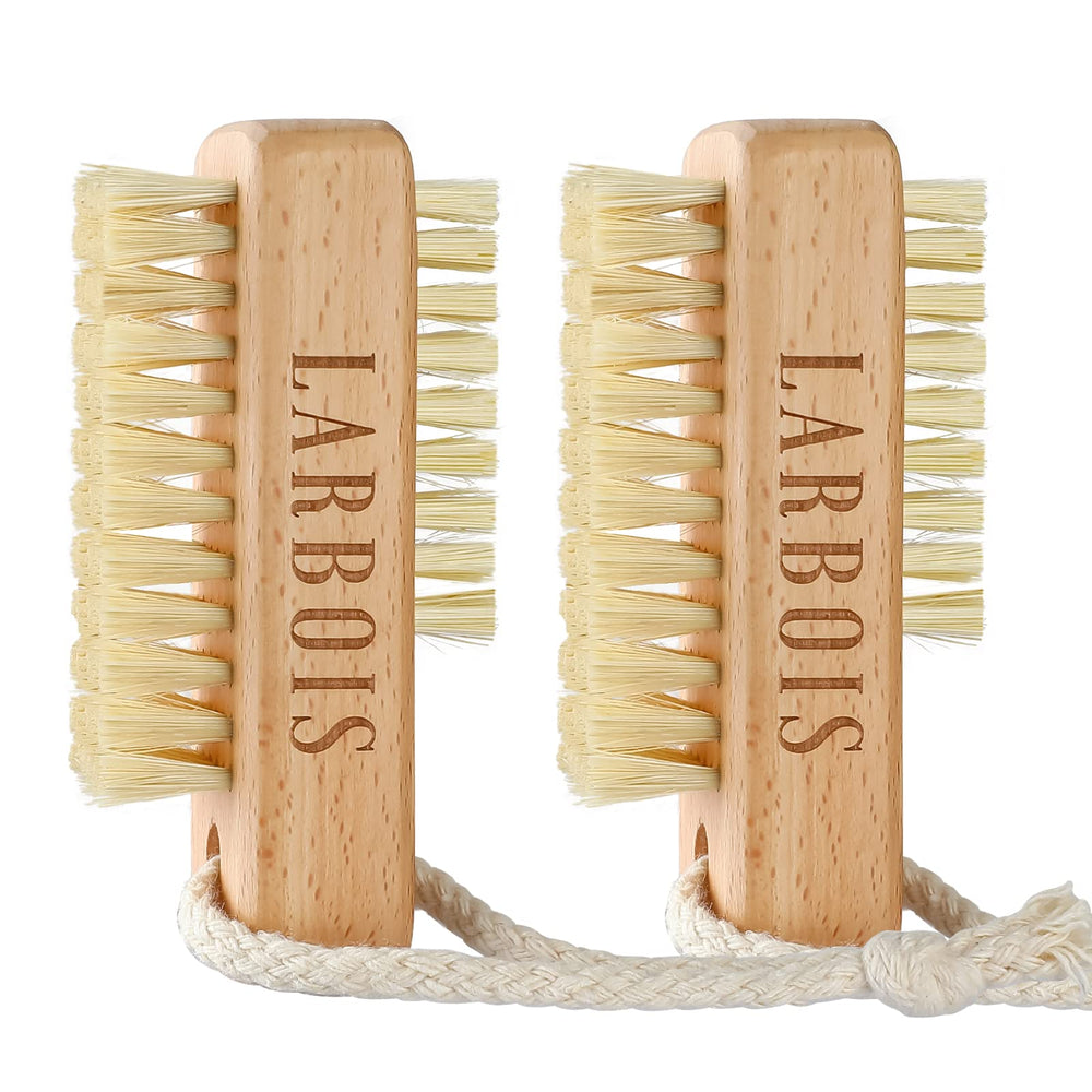 Larbois two-sided nail brush with hanging rope and beechwood handle for easy storage.