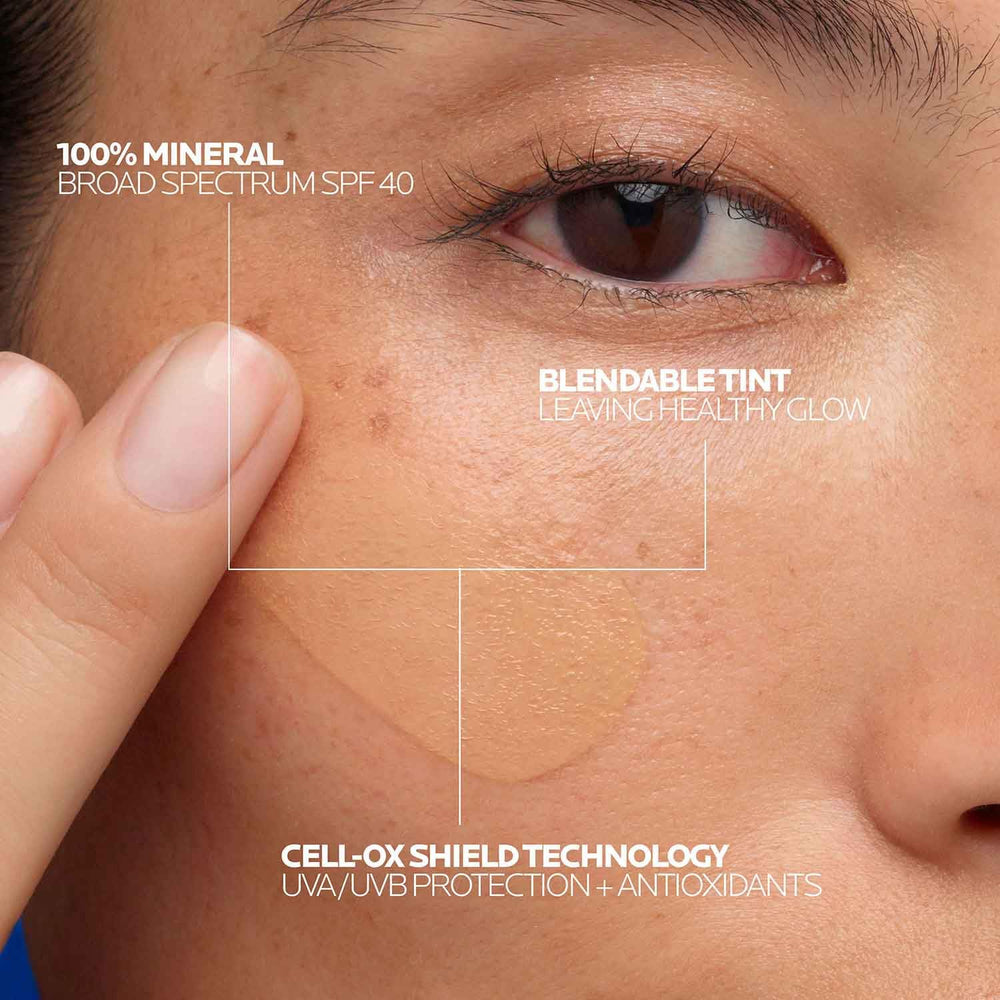 La Roche-Posay Anthelios sunscreen being gently dispensed, easy to blend.