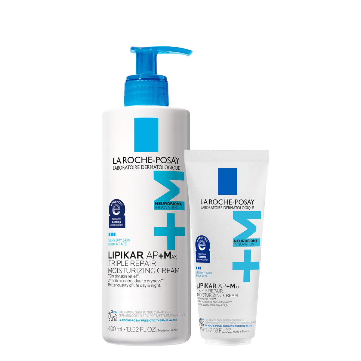 La Roche-Posay Lipikar AP+MAX cream jar showing triple repair for dry skin.