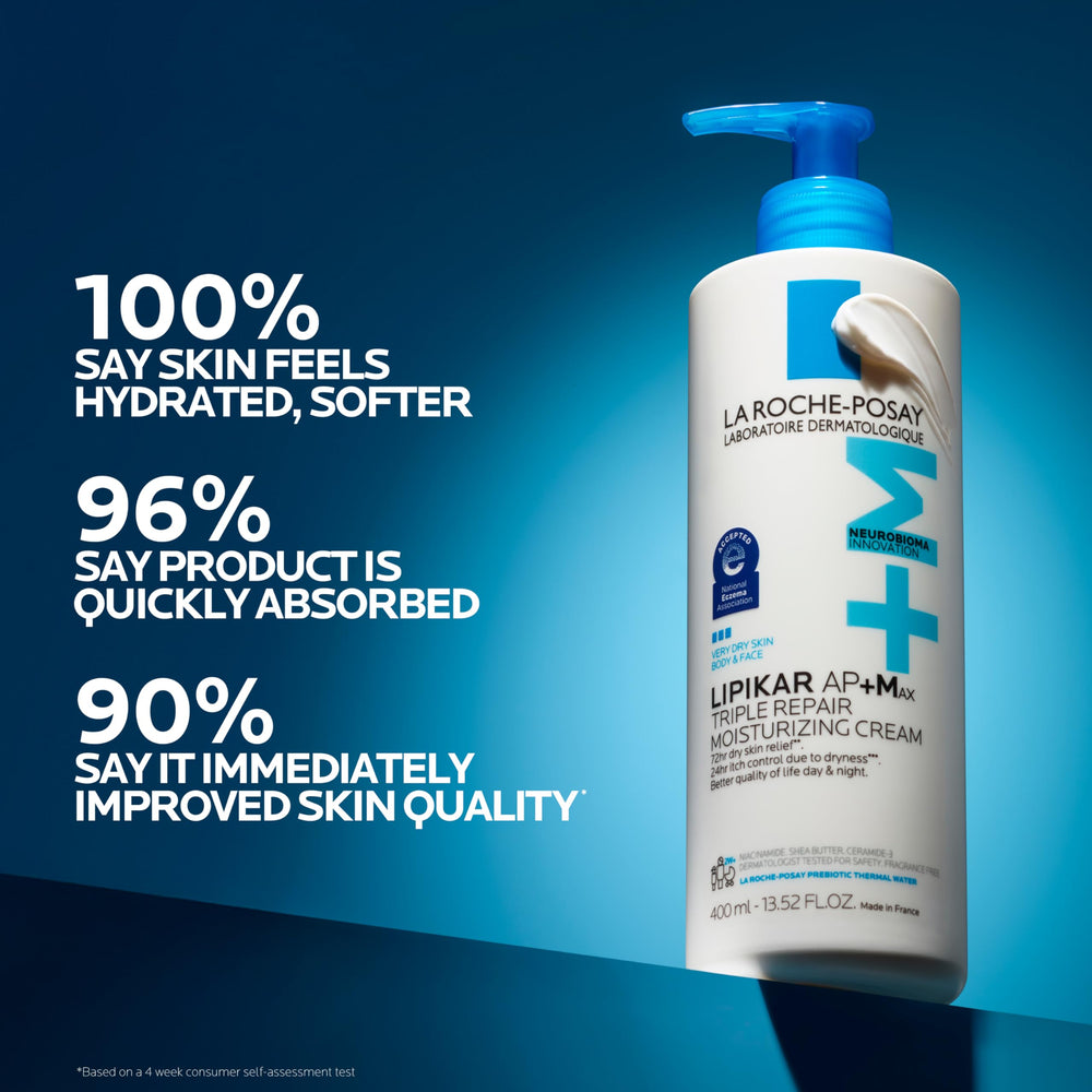 Lipikar AP+MAX bottle with fragrance-free label and sensitive-skin suitability.