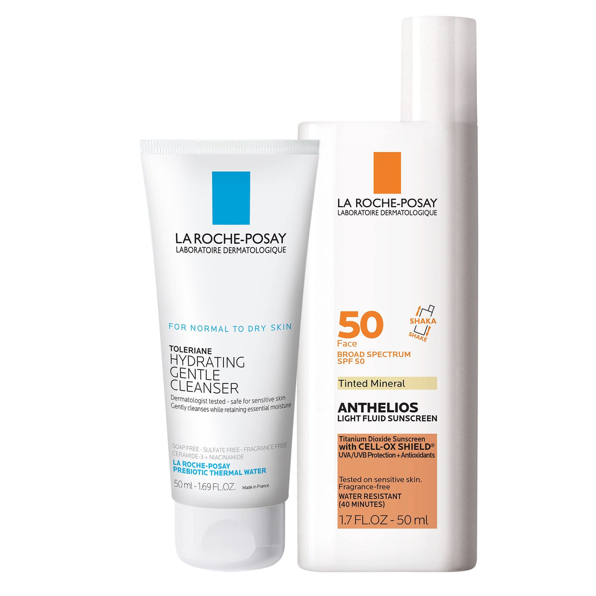 La Roche-Posay Anthelios tinted sunscreen bottle shows UVA/UVB protection with a natural tint