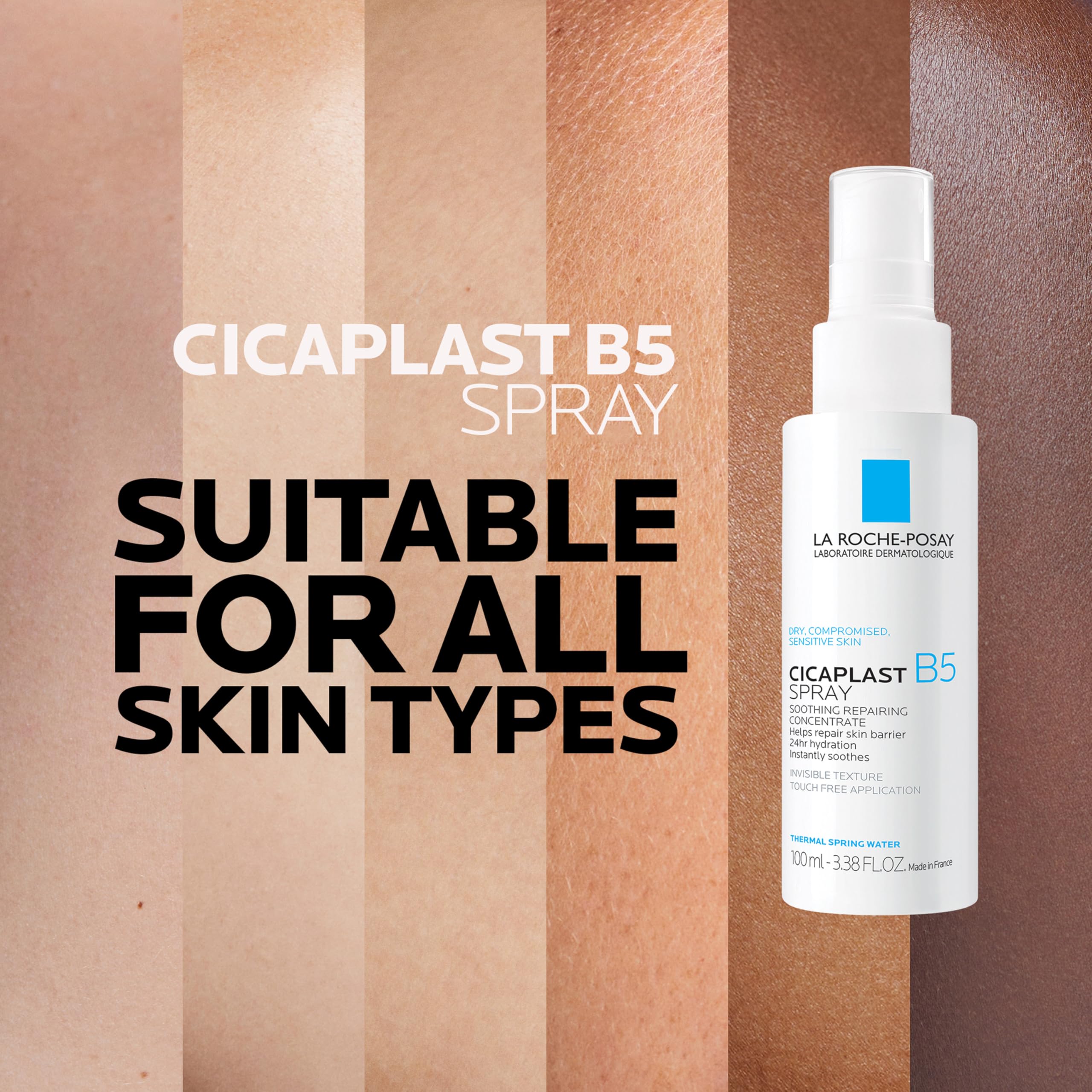 La Roche-Posay mist applied with hands in a touch-free routine.