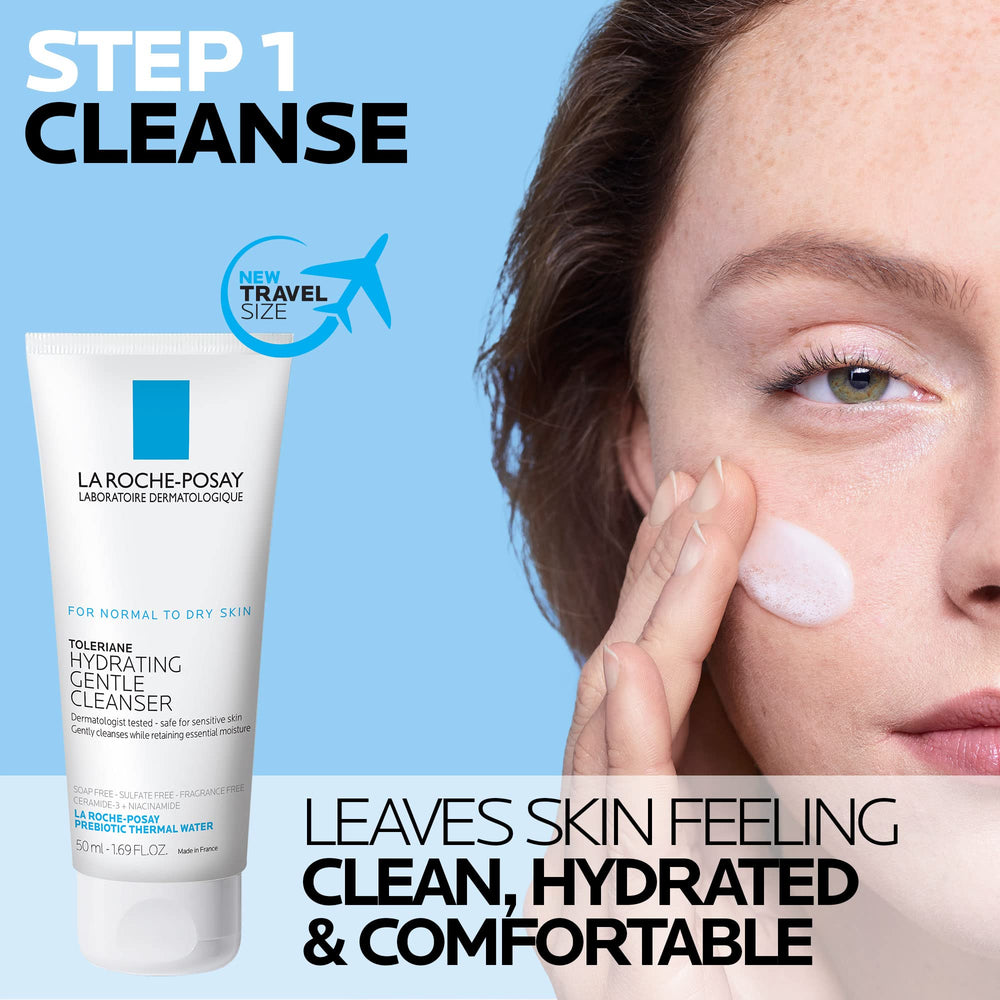 La Roche-Posay Toleriane Hydrating Cleanser travel-size bottle for gentle cleansing