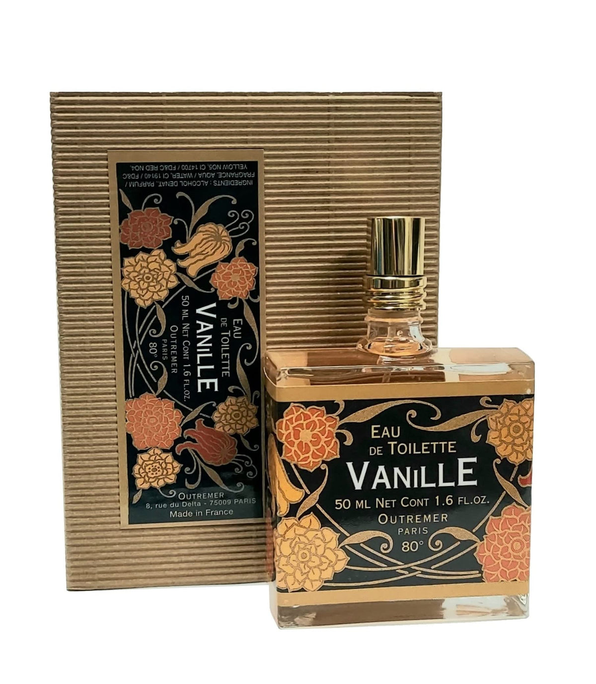 L'Aromarine Outremer Vanille EDT bottle with Art Nouveau filigree, ideal for refined fragrance collections.