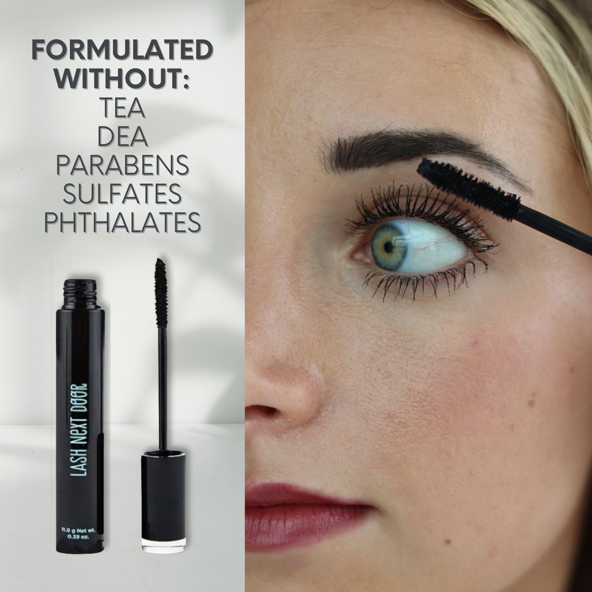 Lash Next Door Water Resistant Mascara brush applying for smooth coverage.