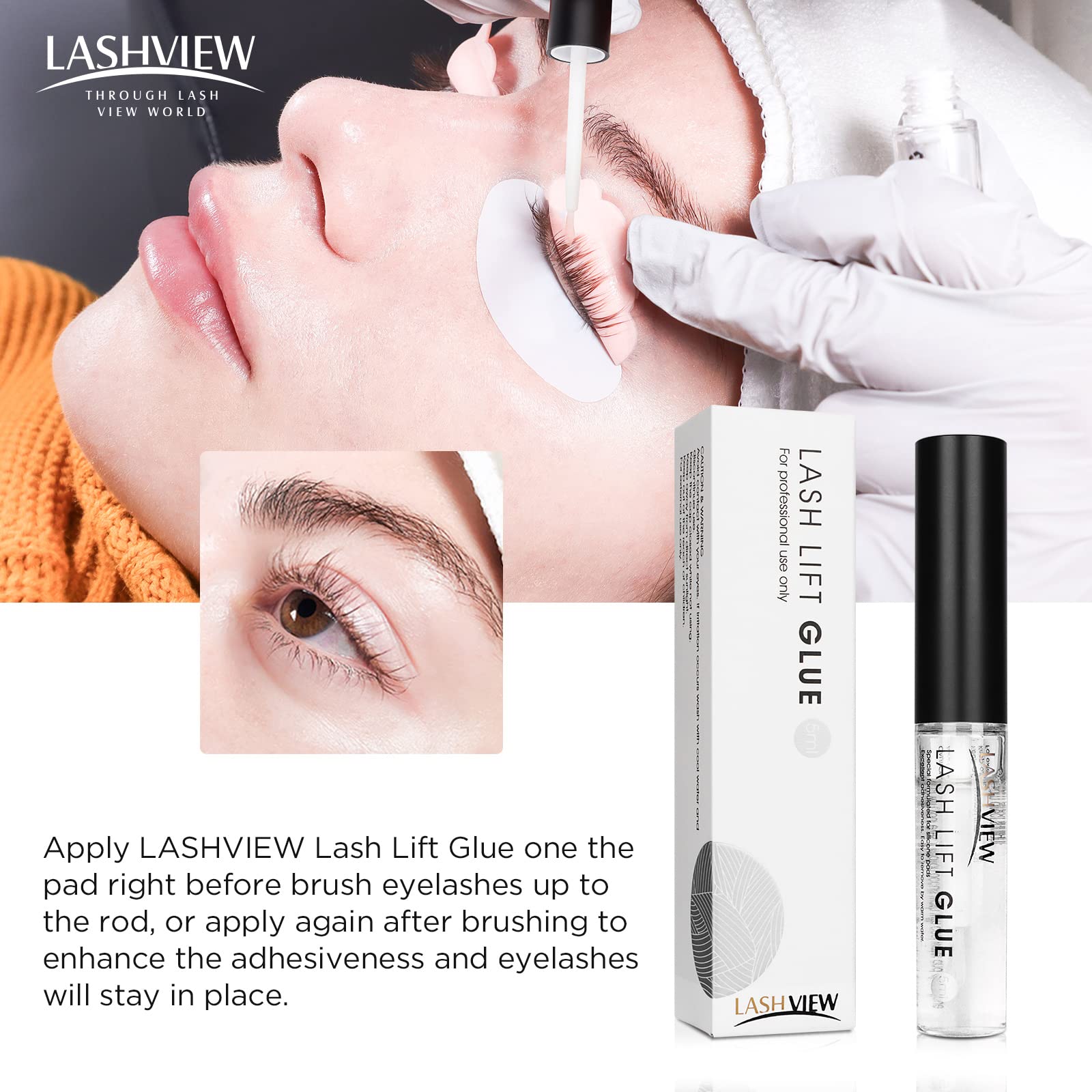 LASHVIEW lash lift glue closeup bottle highlights a transparent, odorless formula
