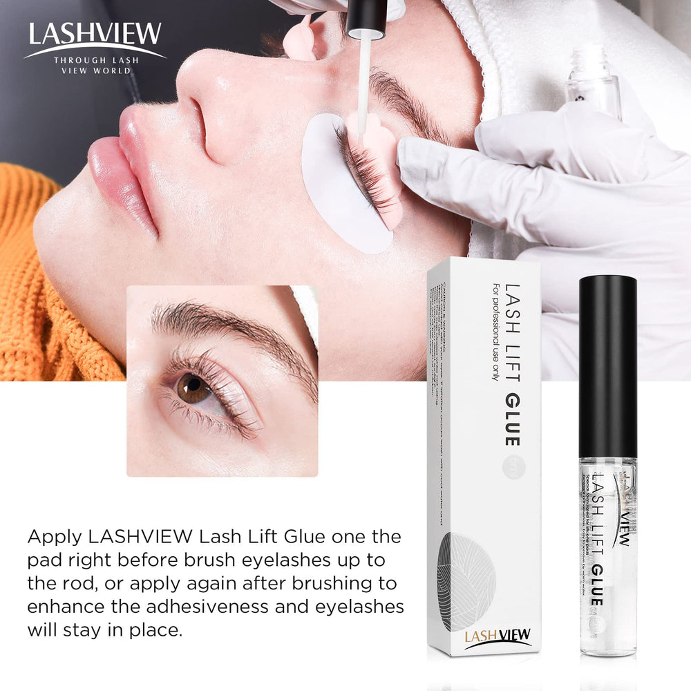 LASHVIEW lash lift glue closeup bottle highlights a transparent, odorless formula