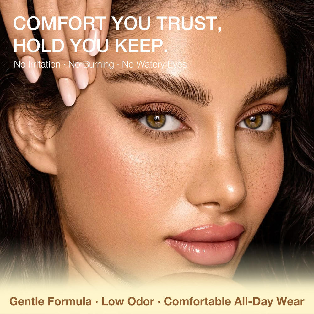 LASHVIEW Upgrade glue on model eye demonstrates secure 4+ week hold.