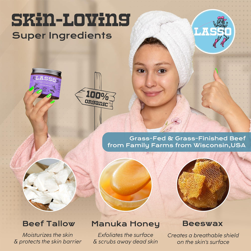 LASSO TALLOW balm being applied to the face for daily hydration.