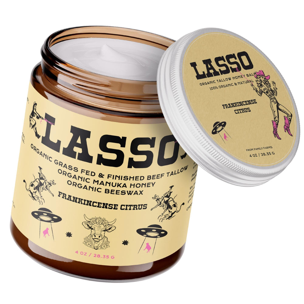 LASSO TALLOW Frankincense Citrus Balm jar showing radiant, hydrated skin potential.