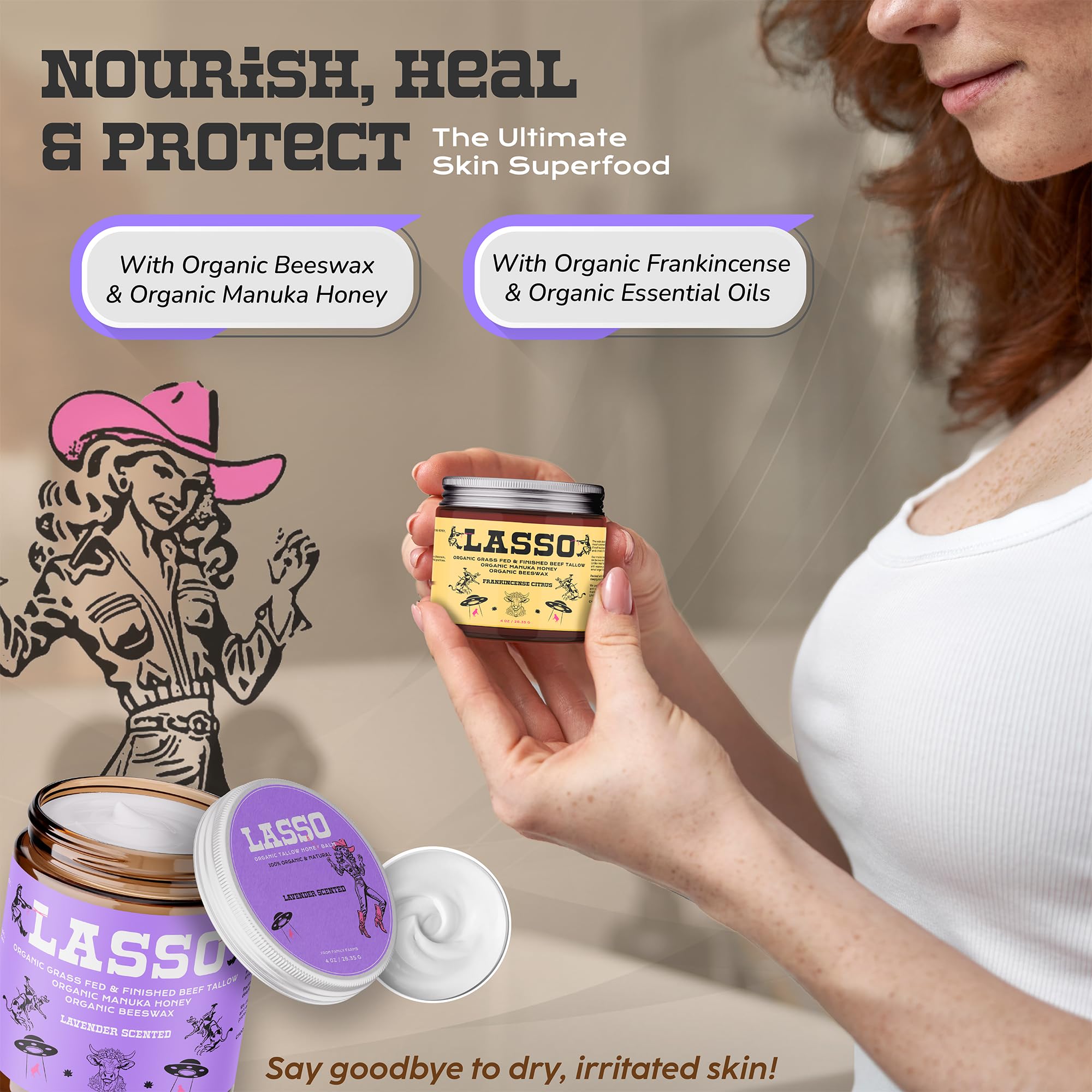 Packaging and label of LASSO TALLOW balm highlighting grass-fed tallow origin.