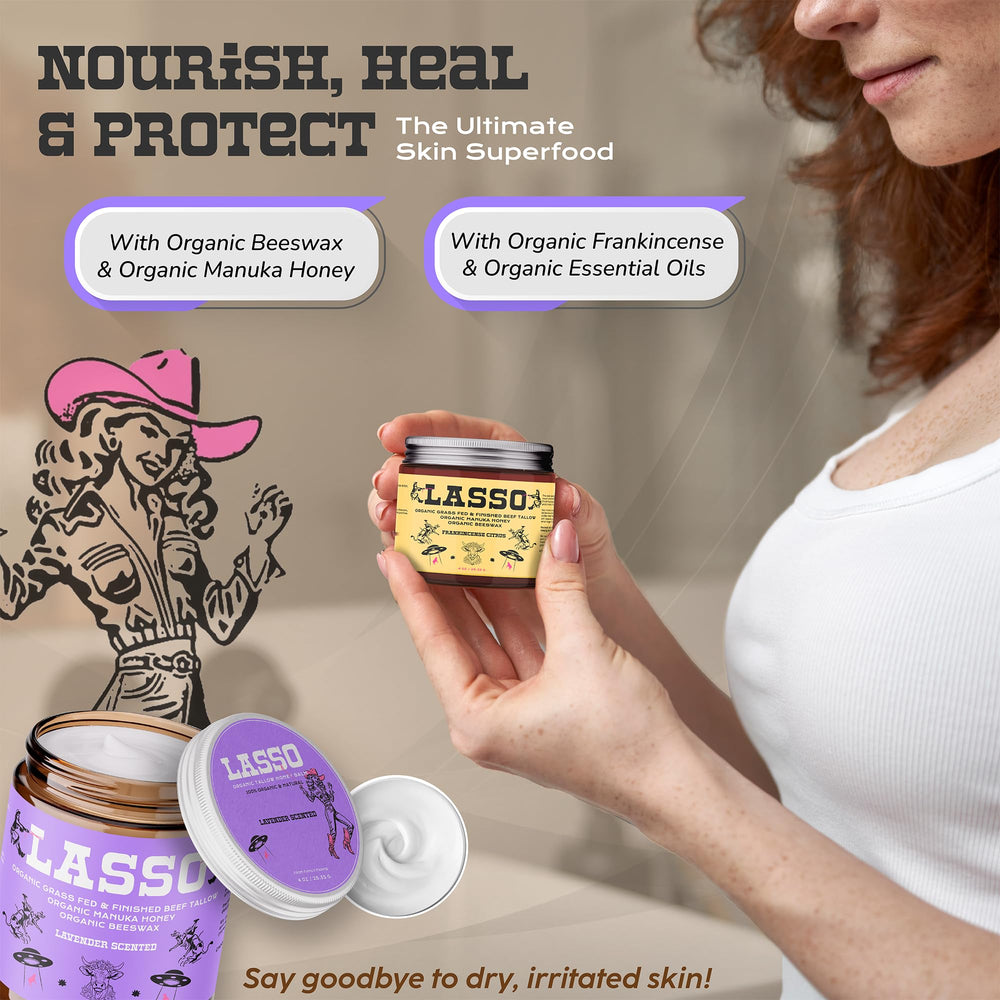 Packaging and label of LASSO TALLOW balm highlighting grass-fed tallow origin.