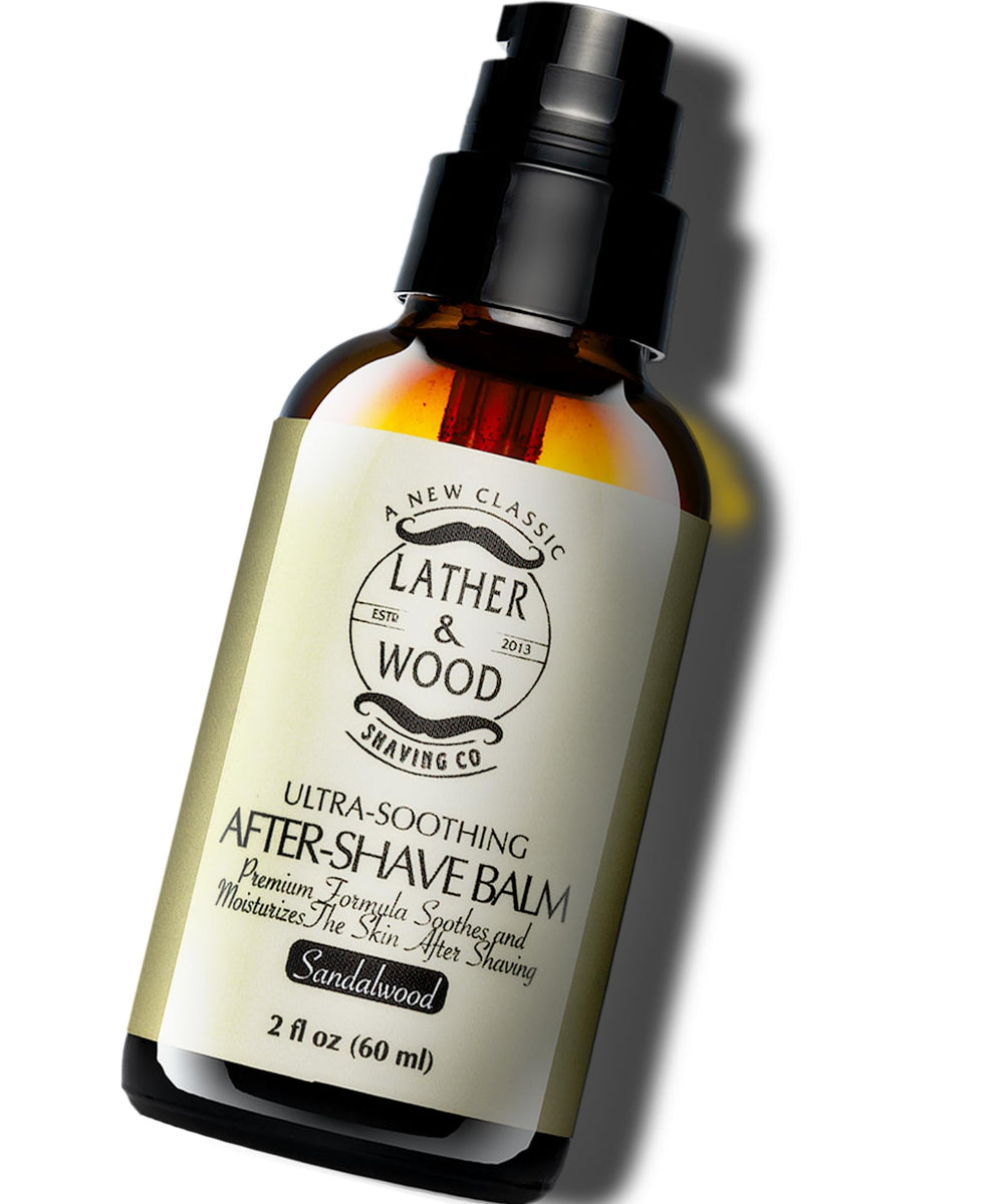 Lather & Wood aftershave sandalwood balm bottle demonstrates soothing post-shave care