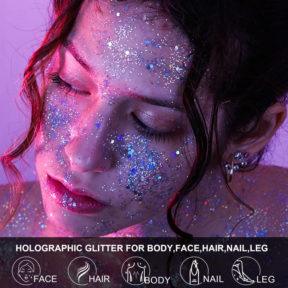 LATIBELL glow glitter on face and cheekbones adds luminous highlight