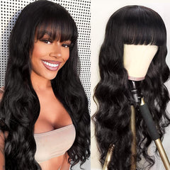 Lativ Body Wave Wigs with Bangs—glueless fit for daily wear (natural color).