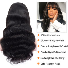 Lativ Body Wave Wigs with Bangs—soft, silky texture for easy styling.