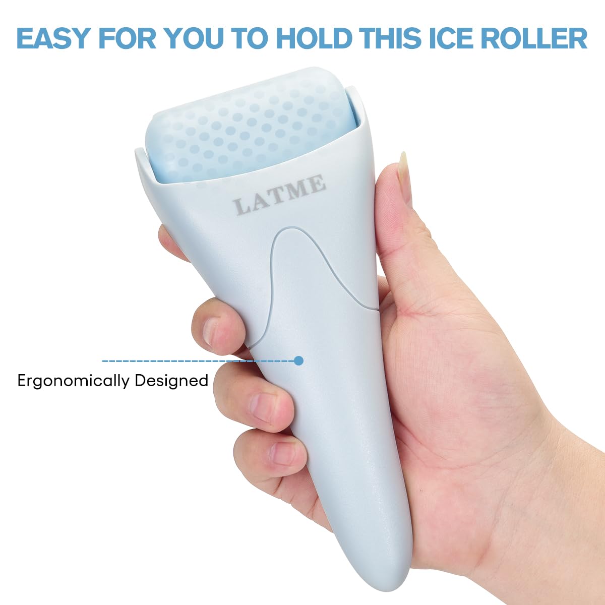 LATME Ice Roller close-up shows smooth handle for easy grip and cooling.