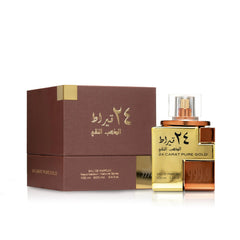 Lattafa 24 Carat Gold EDP bottle closeup, oud and vanilla notes highlighted.