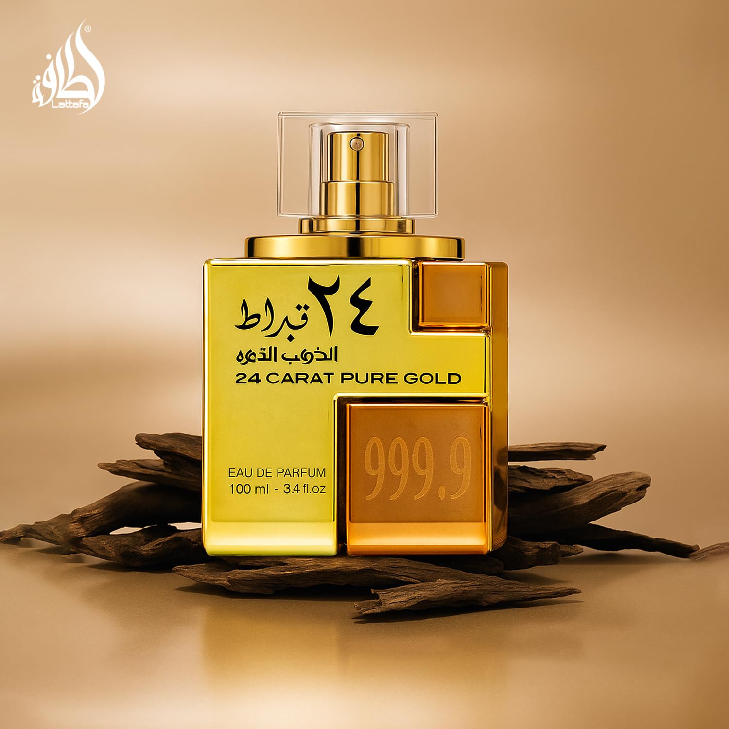 Lattafa 24 Carat Gold EDP bottle on mirror, luxe ambiance for vanity.