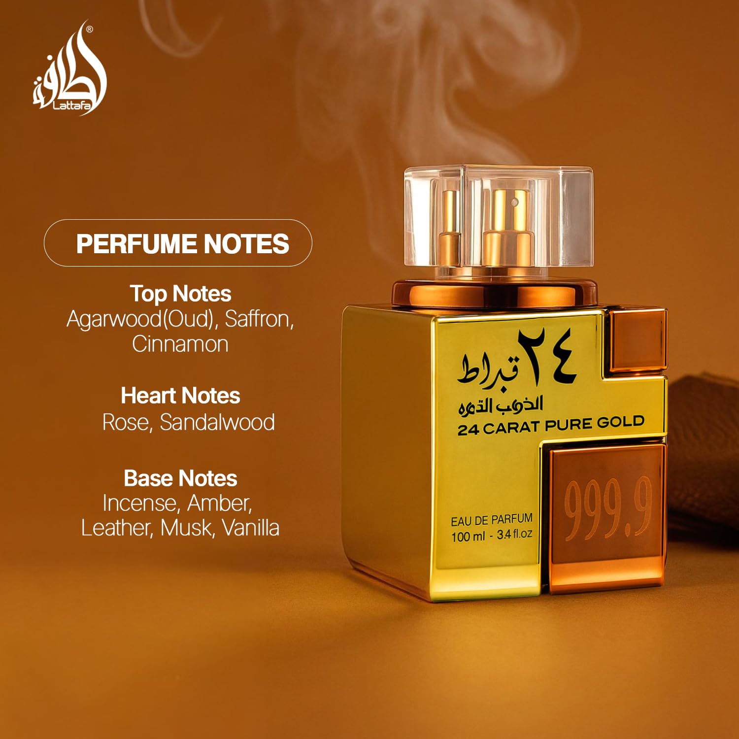 Lattafa 24 Carat Gold EDP label detail, luxe materials and branding.