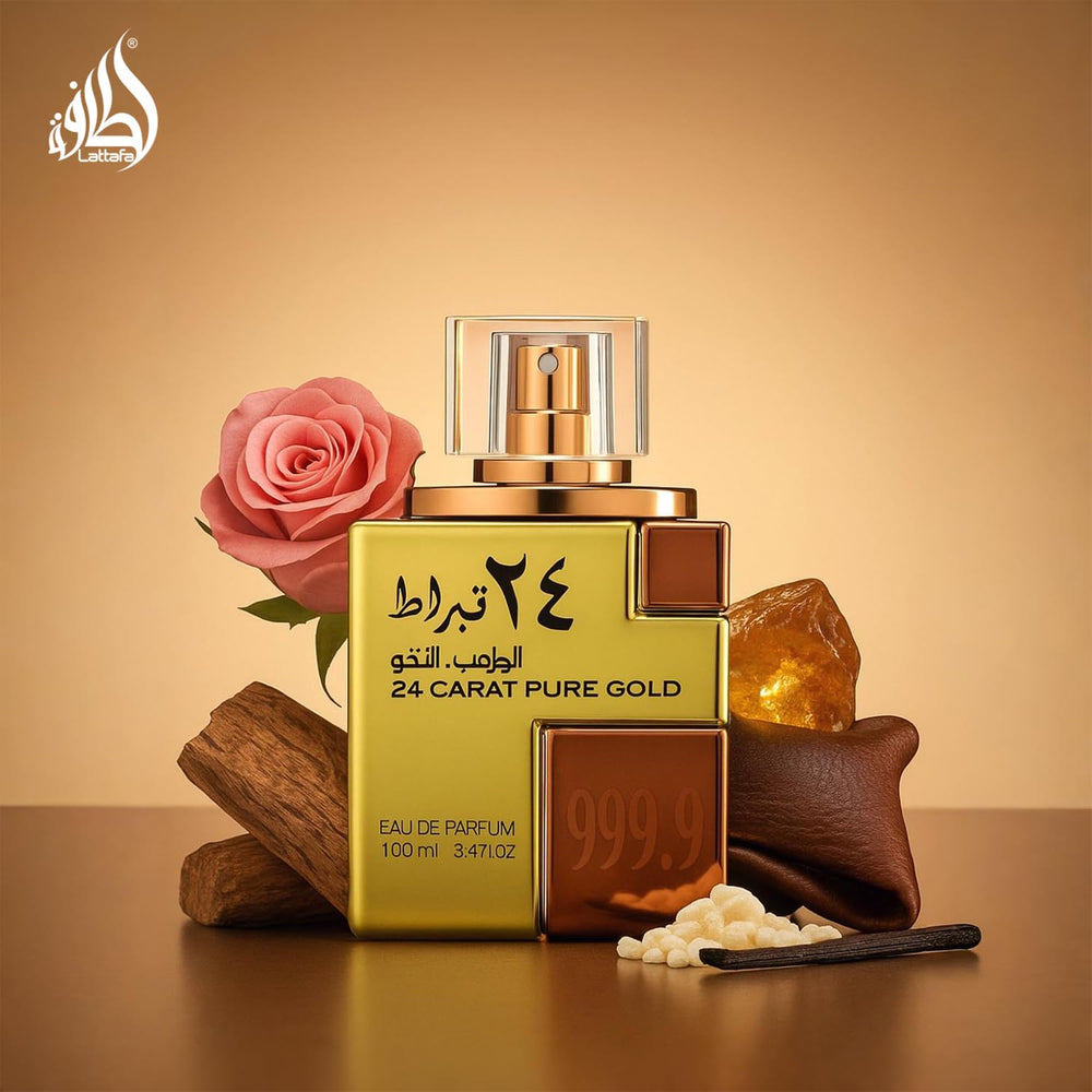 Lattafa 24 Carat Gold EDP packaging box, premium gift-ready presentation.