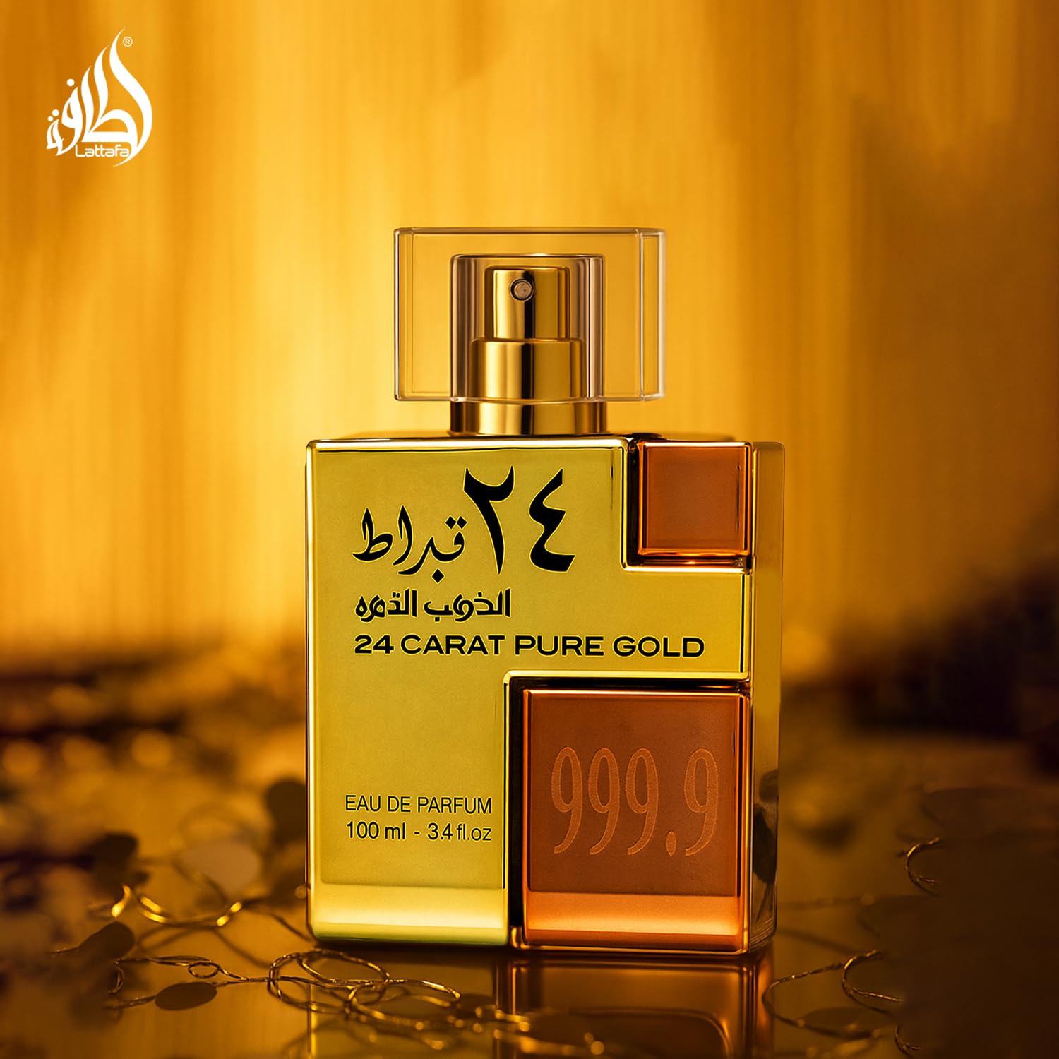 Lattafa 24 Carat Gold EDP vanity display, ideal for night-out fragrance.
