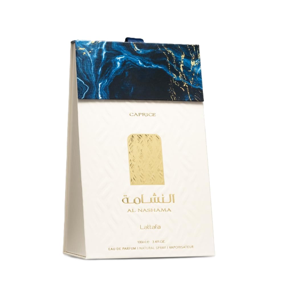Lattafa Al Nashama Caprice label close-up emphasizes premium branding
