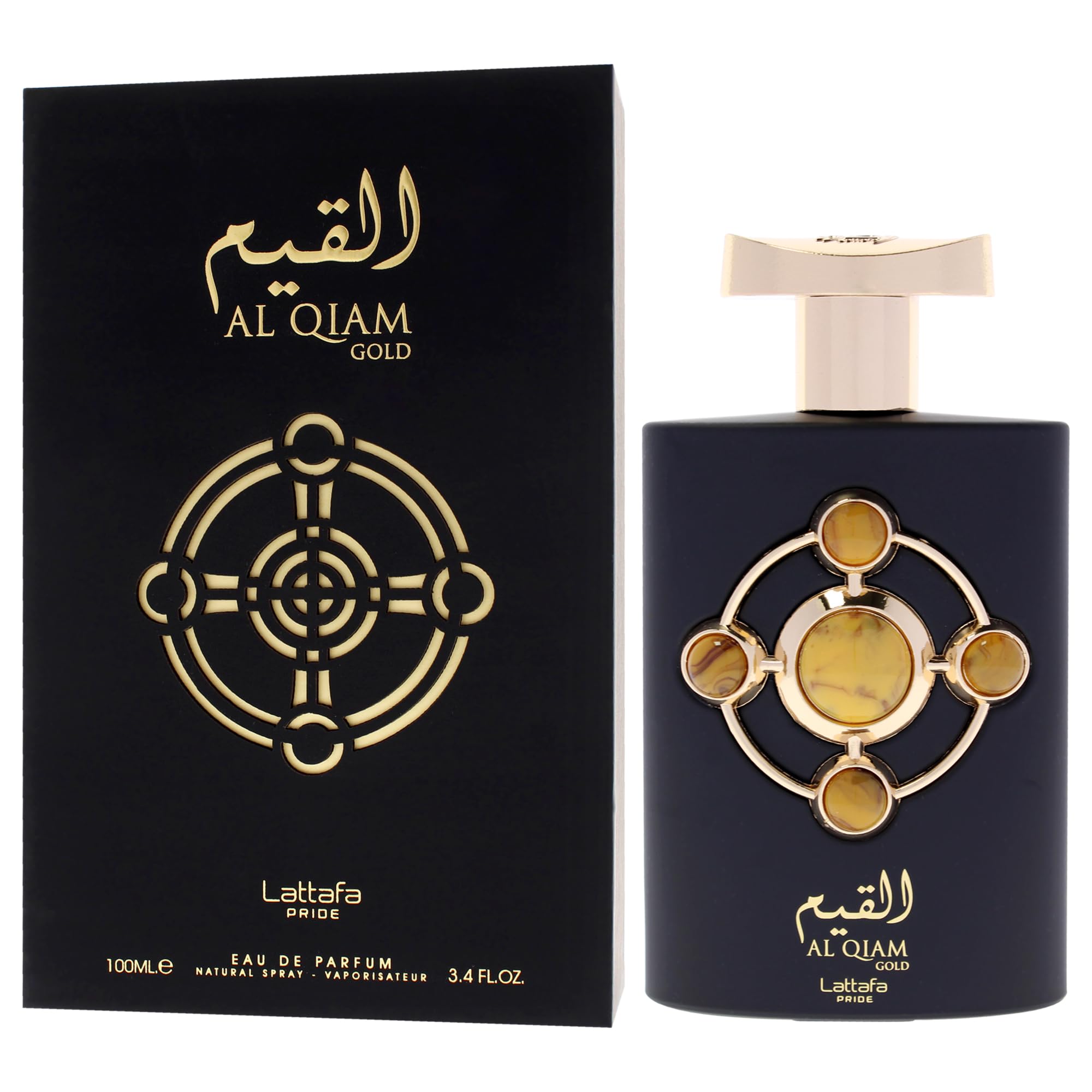 Lattafa Al Qiam Gold amber essence close-up conveys warmth and depth.