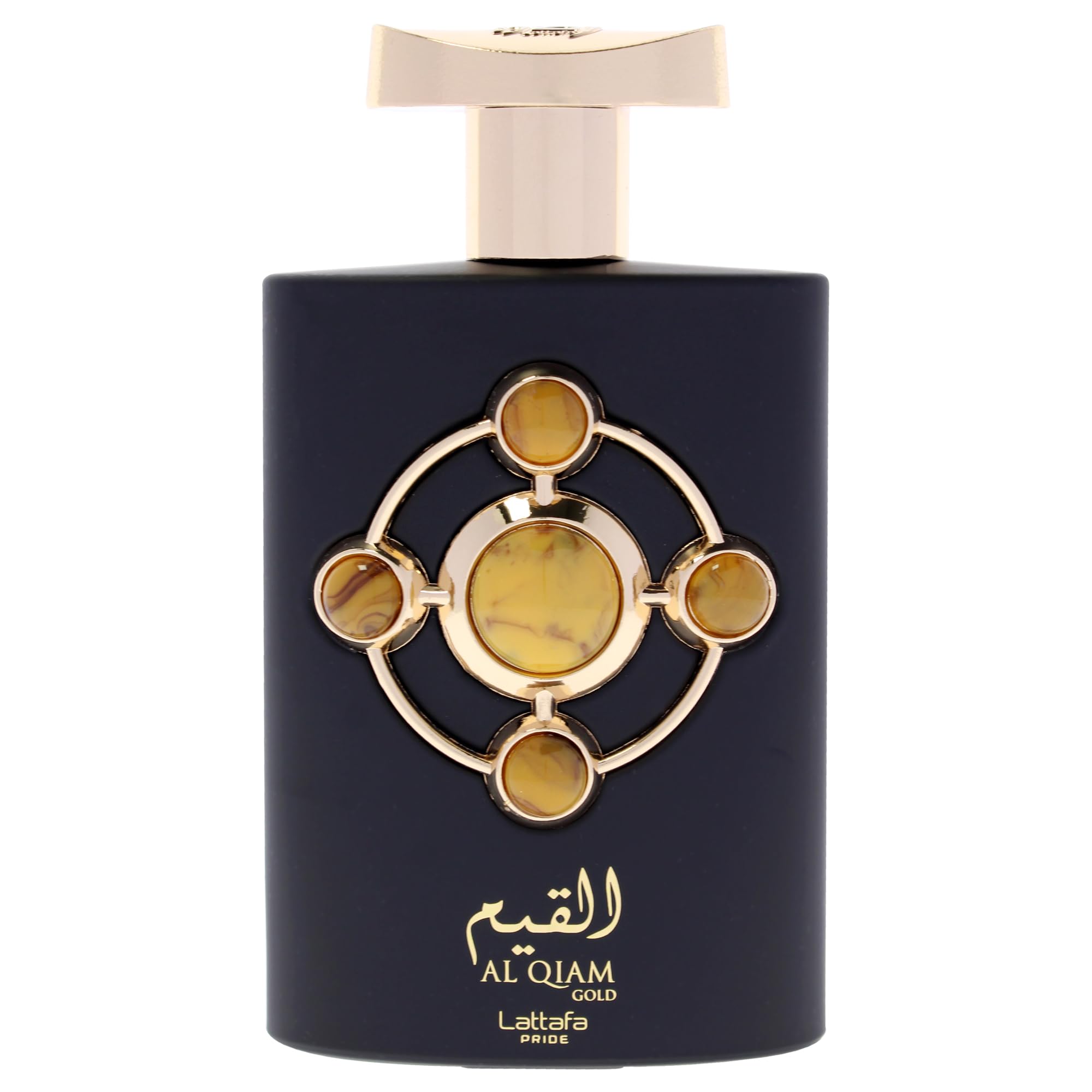 Lattafa Al Qiam Gold bottle cap close-up highlighting refined luxury for any occasion.