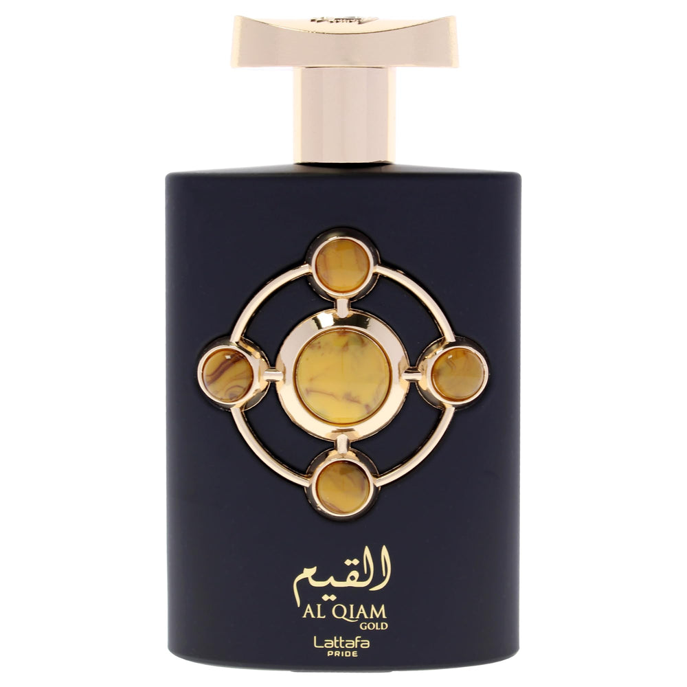 Lattafa Al Qiam Gold bottle cap close-up highlighting refined luxury for any occasion.