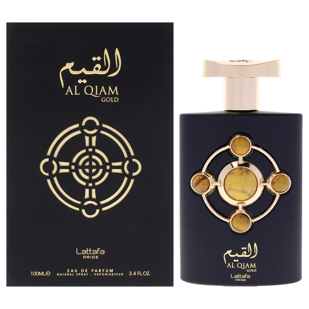 Lattafa Al Qiam Gold bottle front for daily wear with a woody sweet profile.