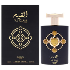 Lattafa Al Qiam Gold bottle front for daily wear with a woody sweet profile.