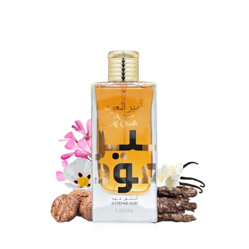 Lattafa Ameer Al Oud Intense bottle close-up emphasizes rich oud and vanilla.