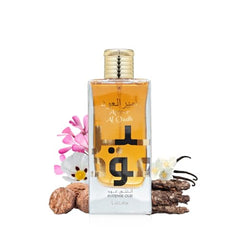Lattafa Ameer Al Oud Intense bottle close-up emphasizes rich oud and vanilla.