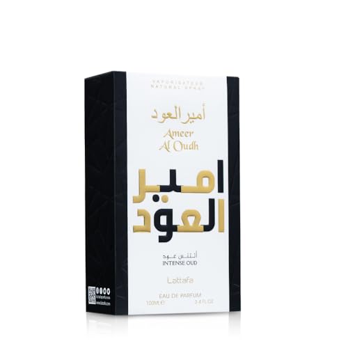 Lattafa Ameer Al Oud Intense bottle top captures sleek cap design.