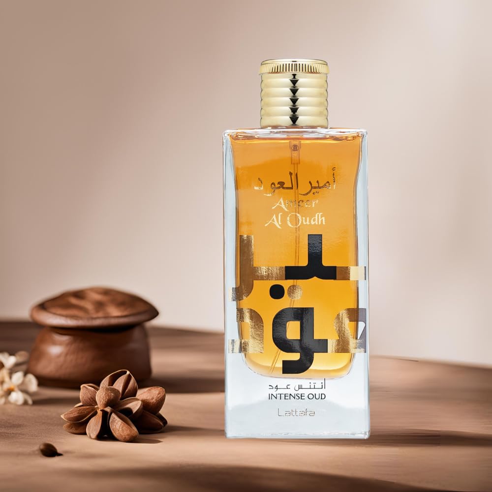 Lattafa Ameer Al Oud Intense display on shelf suggests versatile unisex use.