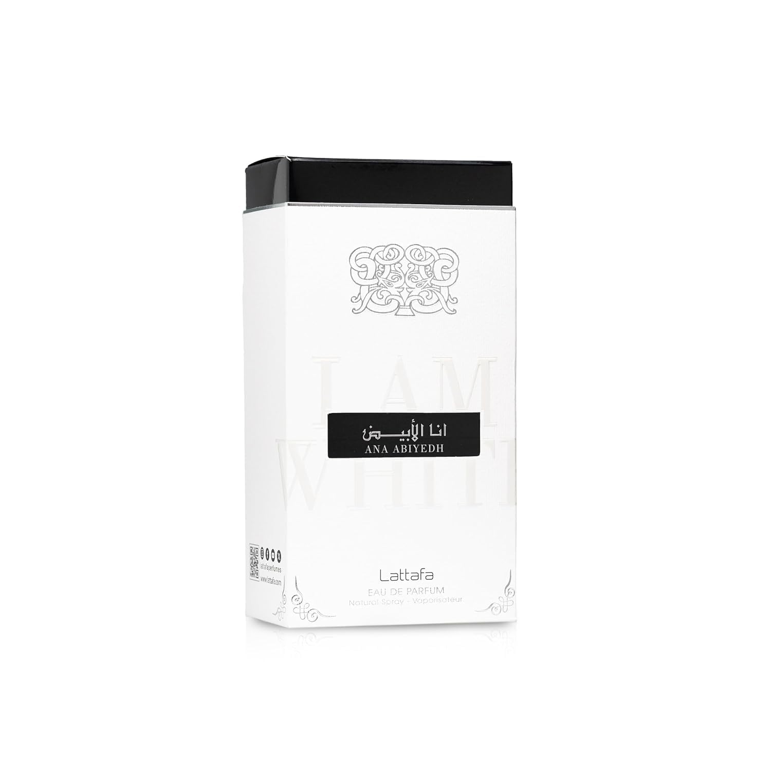 Lattafa Ana Abiyedh bottle-side view, sleek travel-friendly design.