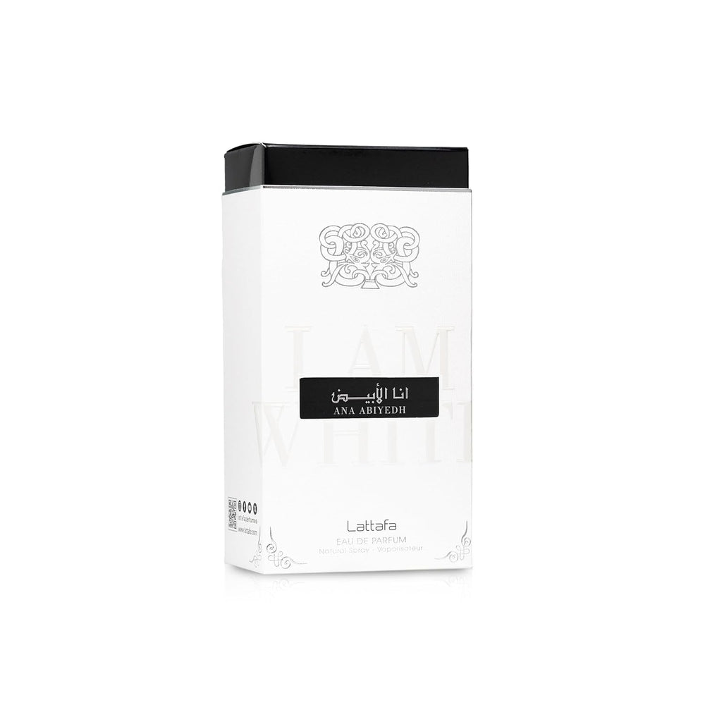 Lattafa Ana Abiyedh bottle-side view, sleek travel-friendly design.