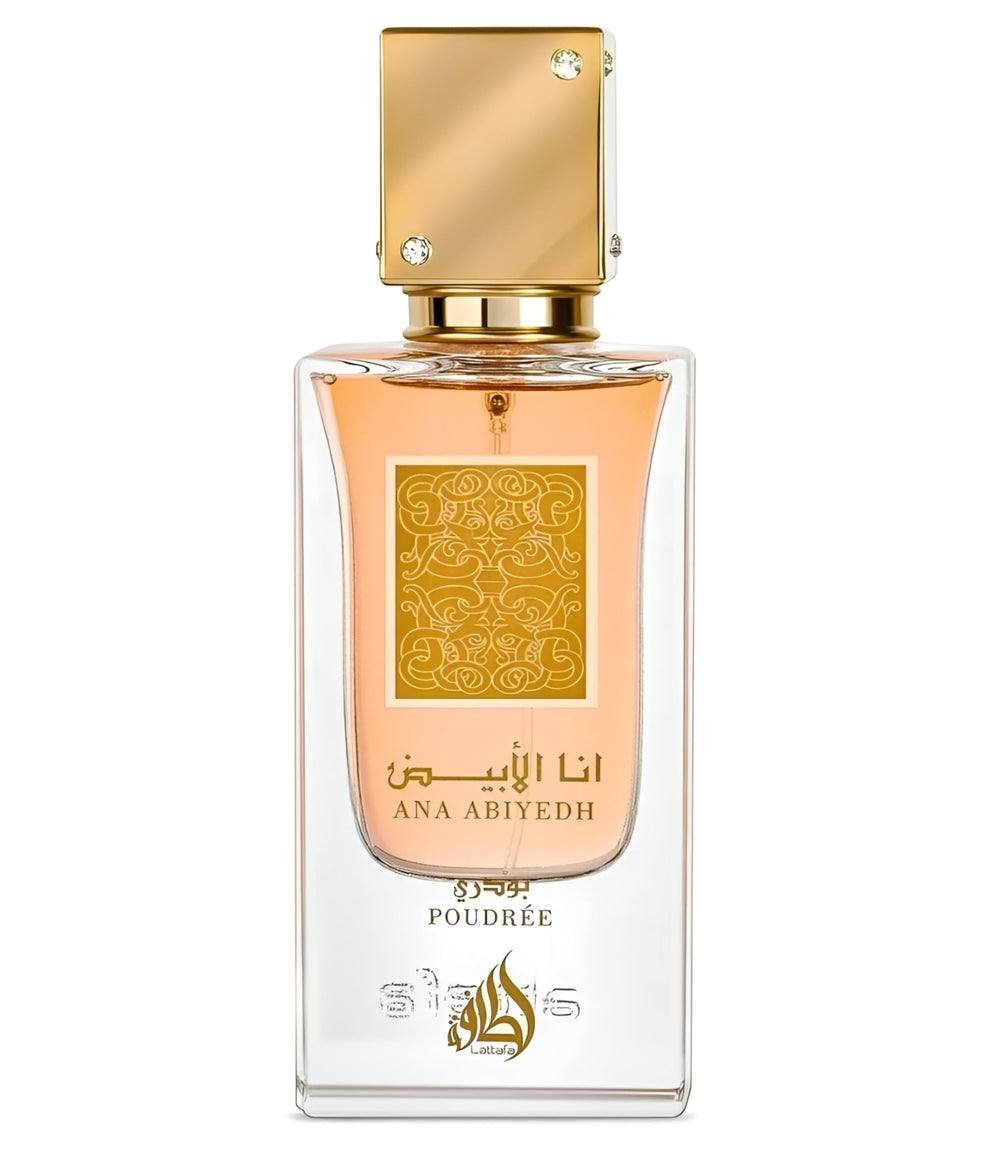 Lattafa Ana Abiyedh Poudree bottle with rose-forward aroma for elegant wear
