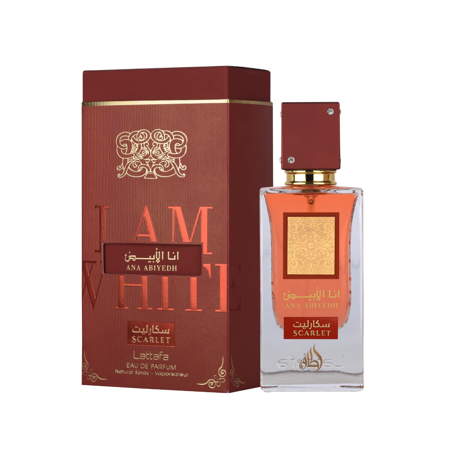 Lattafa Ana Abiyedh Scarlet bottle front view for lasting fragrance.