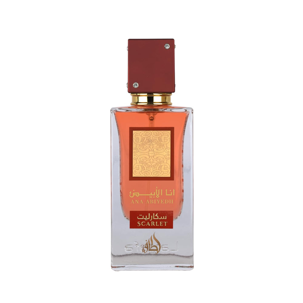 Lattafa Ana Abiyedh Scarlet packaging box for gifting and day-to-night wear.