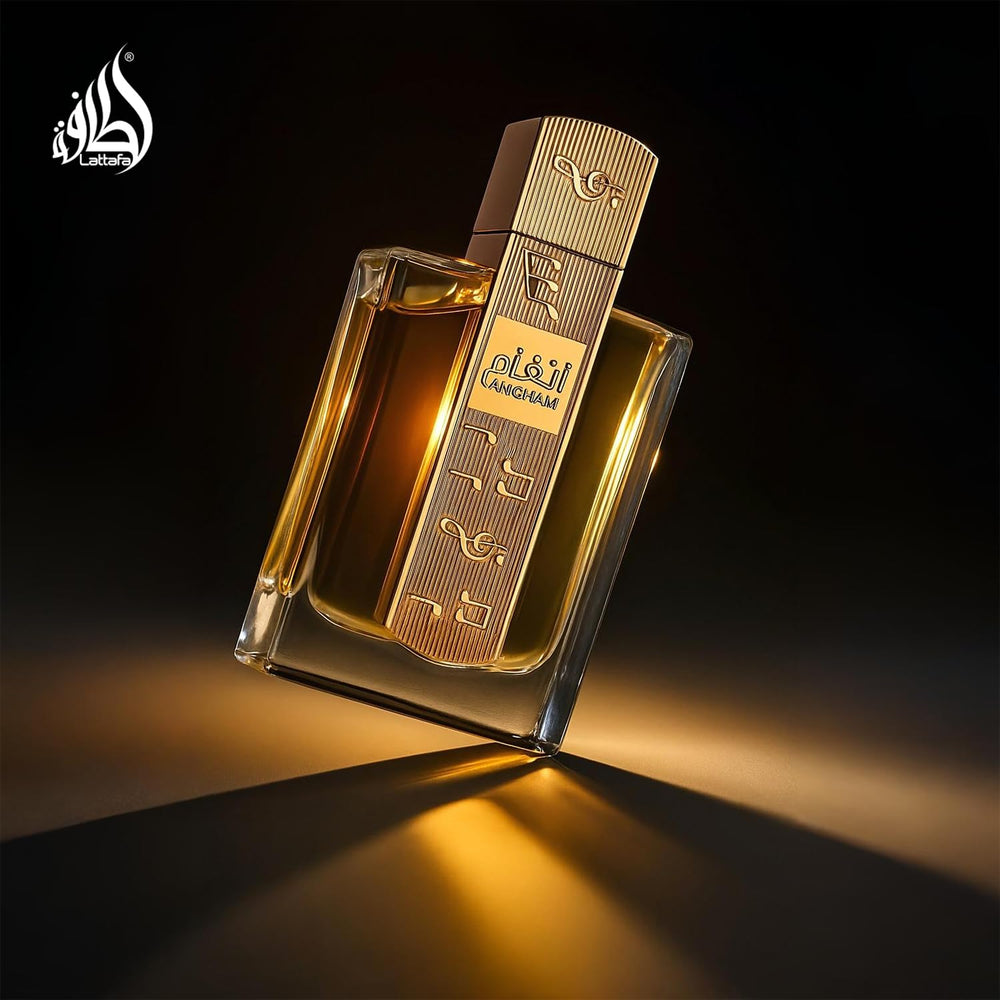 Lattafa Angham bottle side view showing elegant silhouette.