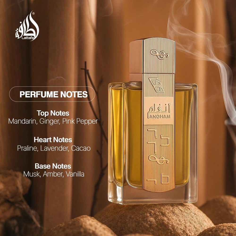 Lattafa Angham box front display highlighting gift-ready presentation.